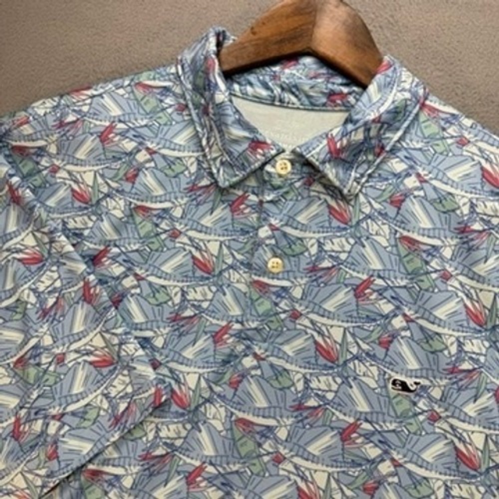 Vineyard Vines Performance Sailfish Marlin Polo Shirt Classic Fit L Blue Fish